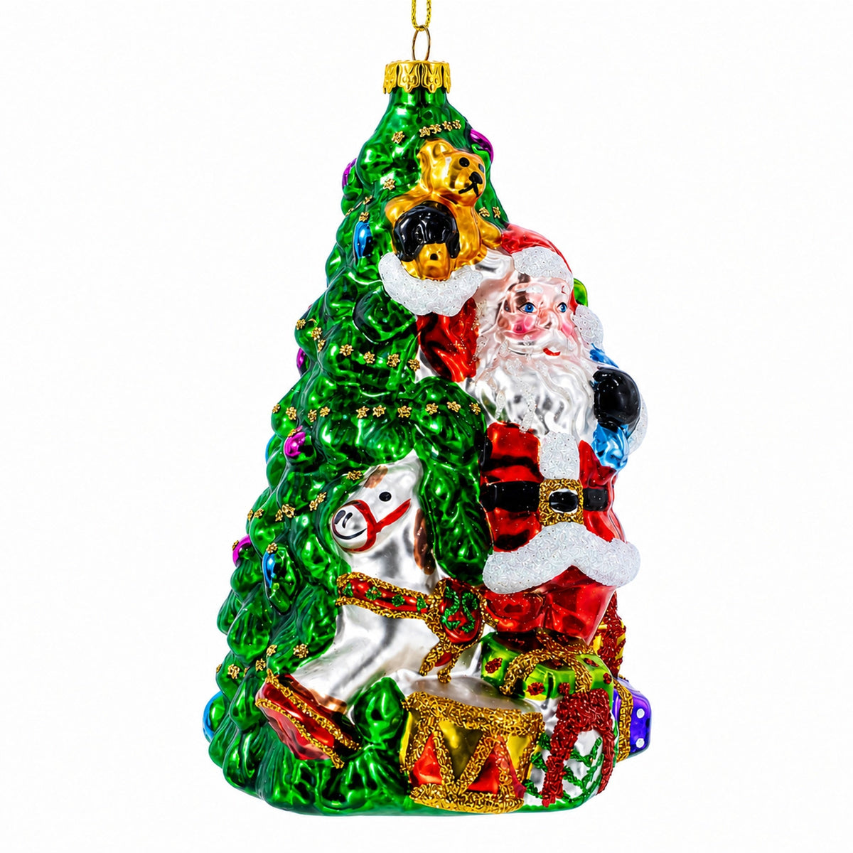 Santa with Christmas Tree and Gifts Glass Ornament