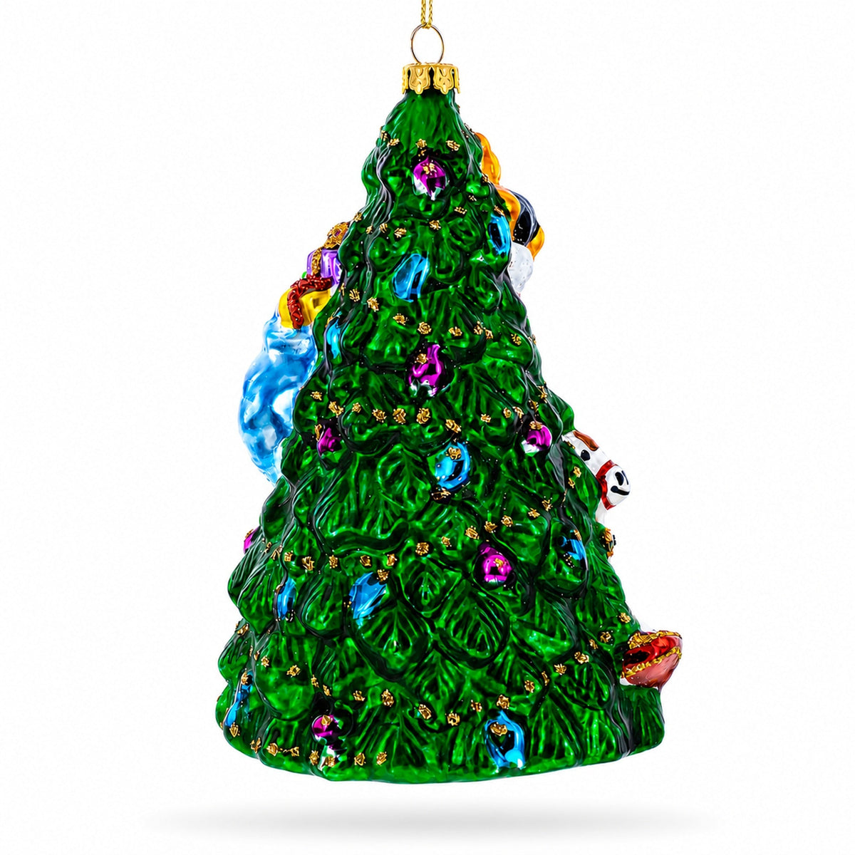 Santa with Christmas Tree and Gifts Glass Ornament