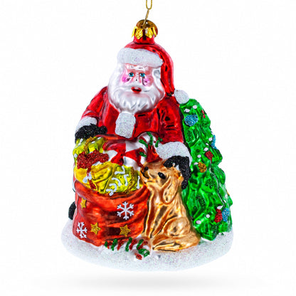 Santa with Puppy and Christmas Tree Glass Christmas Ornament