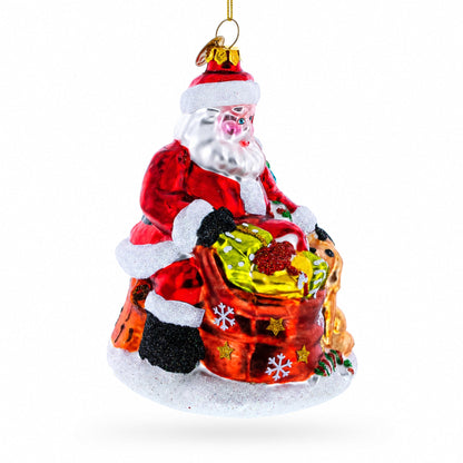 Santa with Puppy and Christmas Tree Glass Christmas Ornament