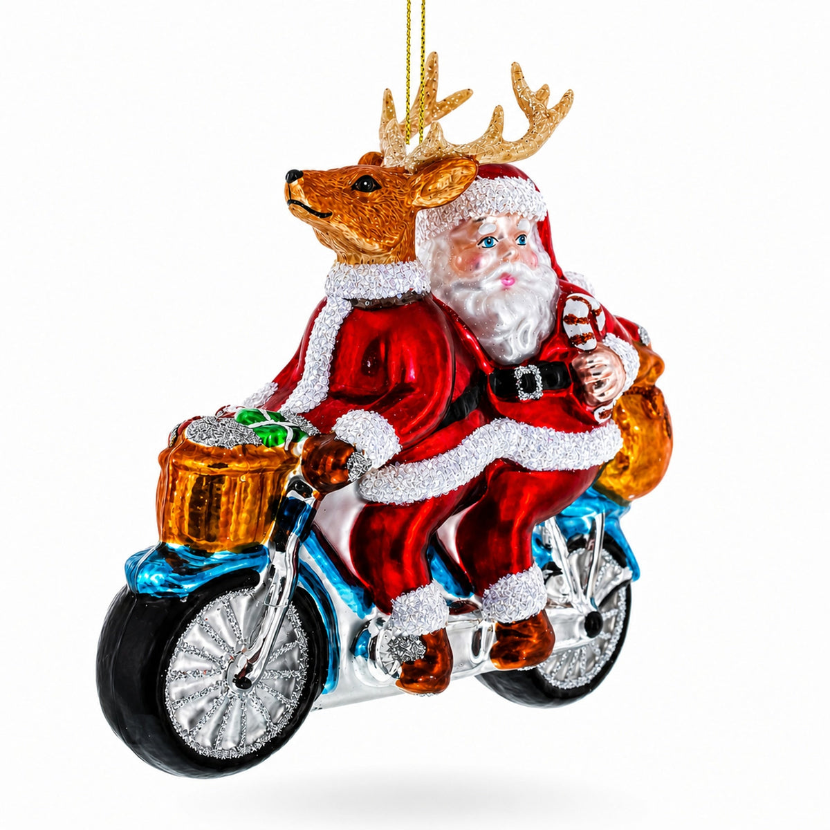 Santa and Reindeer Riding a Tandem Bike Glass Christmas Ornament