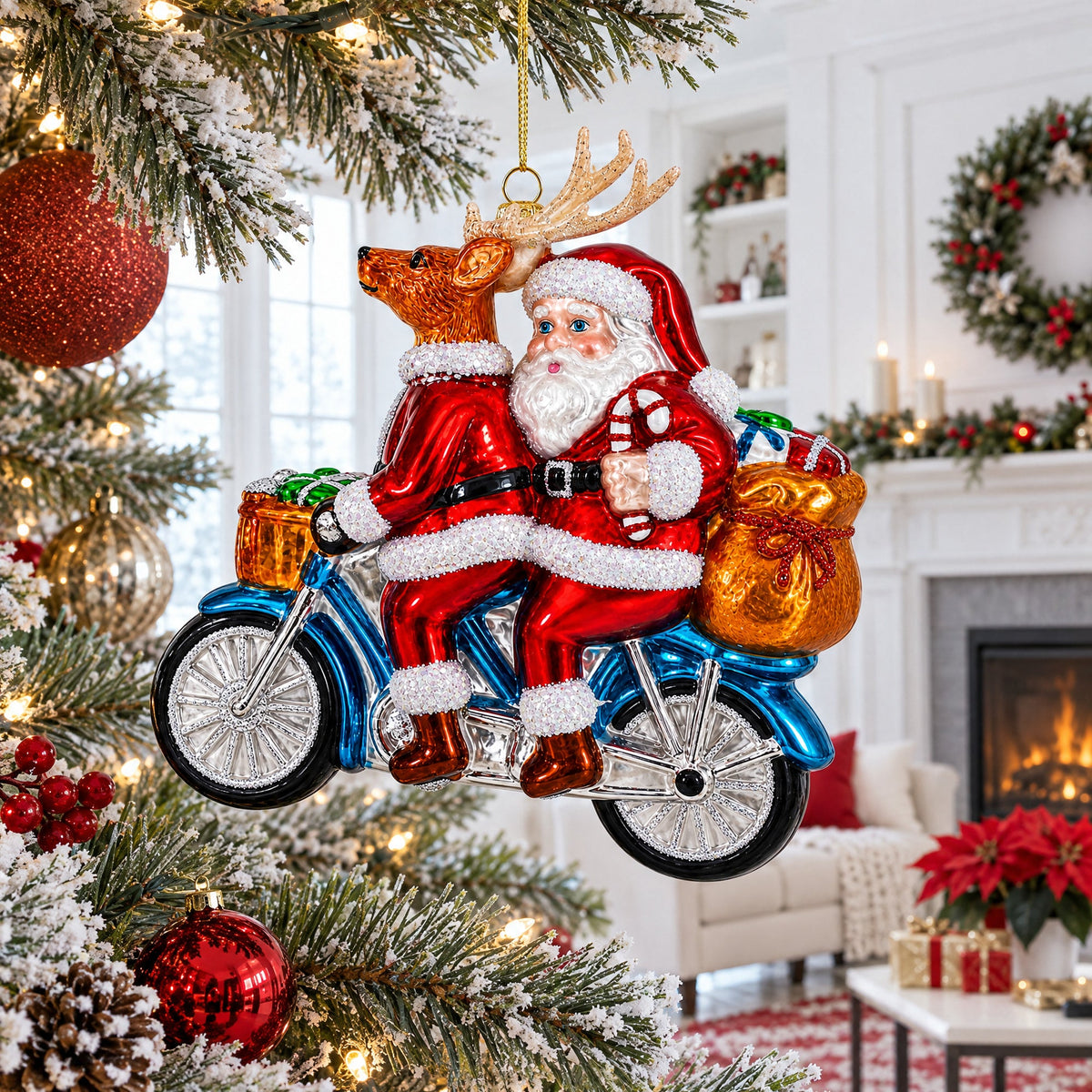 Santa and Reindeer Riding a Tandem Bike Glass Christmas Ornament