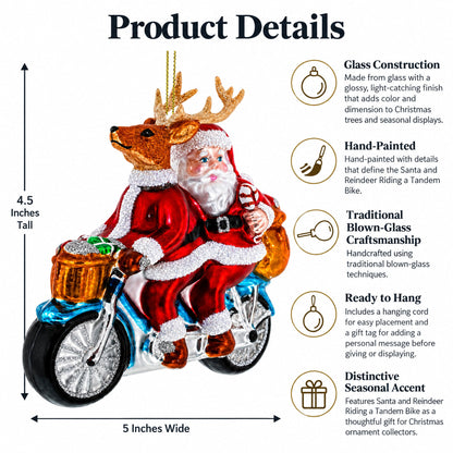 Santa and Reindeer Riding a Tandem Bike Glass Christmas Ornament