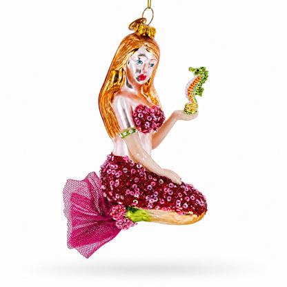 Mermaid with Seahorse Glass Christmas Ornament