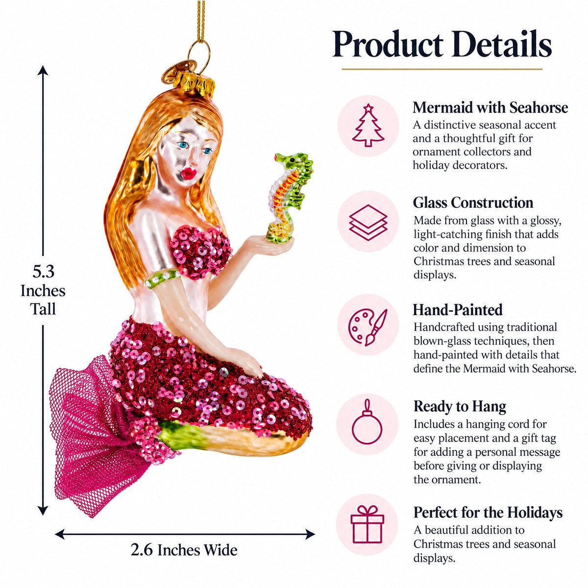 Mermaid with Seahorse Glass Christmas Ornament