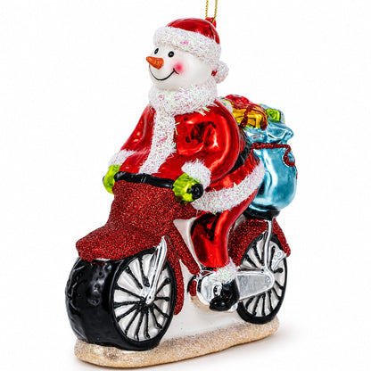 Snowman Biker on the Road Glass Christmas Ornament