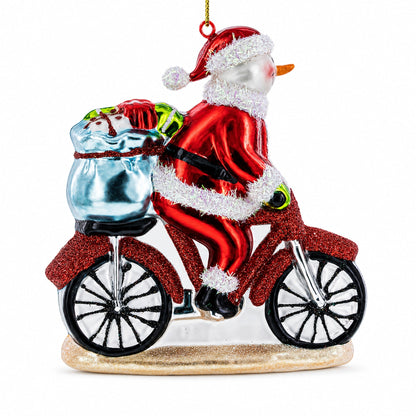 Snowman Biker on the Road Glass Christmas Ornament