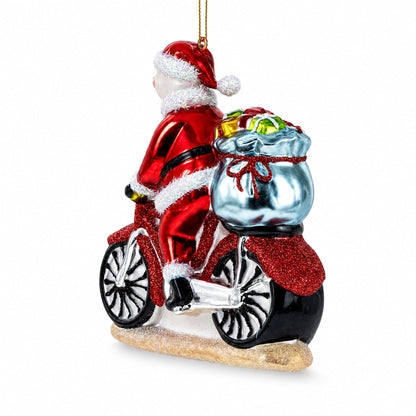 Snowman Biker on the Road Glass Christmas Ornament