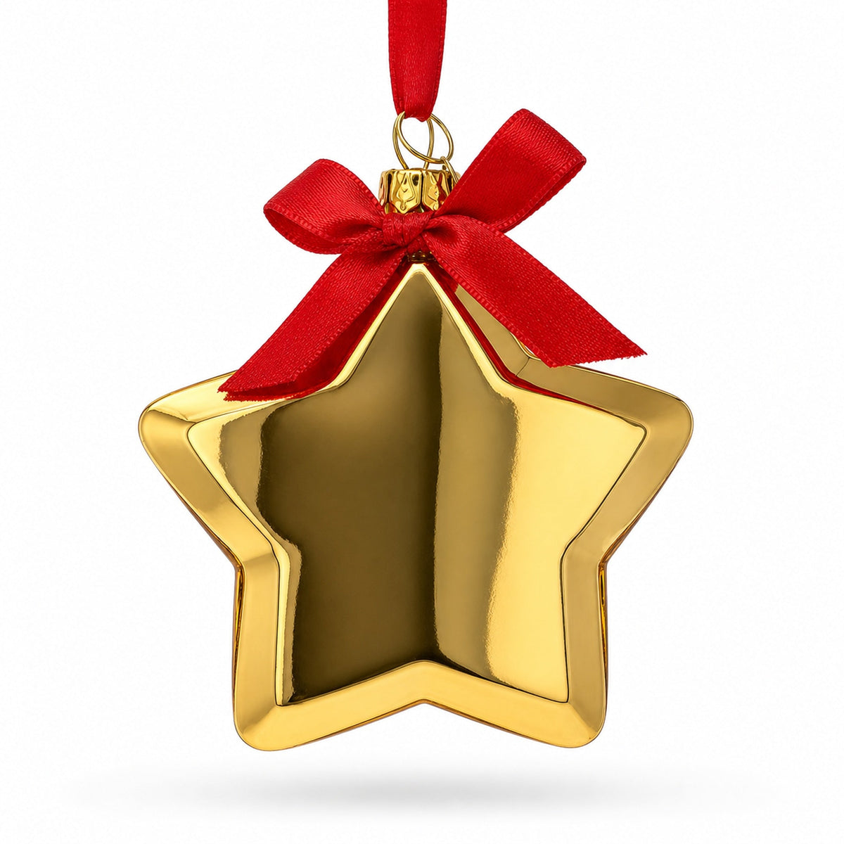 Golden Star Adorned with Red Bow Glass Christmas Ornament