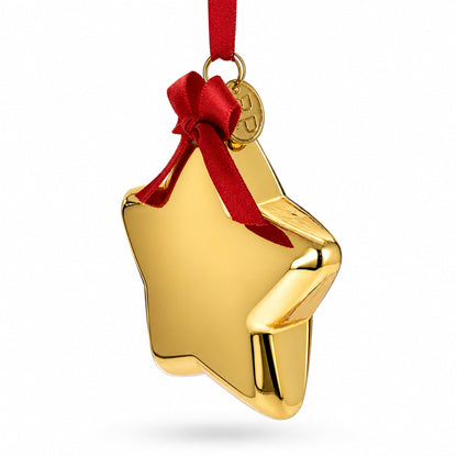 Golden Star Adorned with Red Bow Glass Christmas Ornament