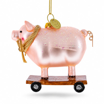 Pig Riding a Skateboard Glass Christmas Ornament