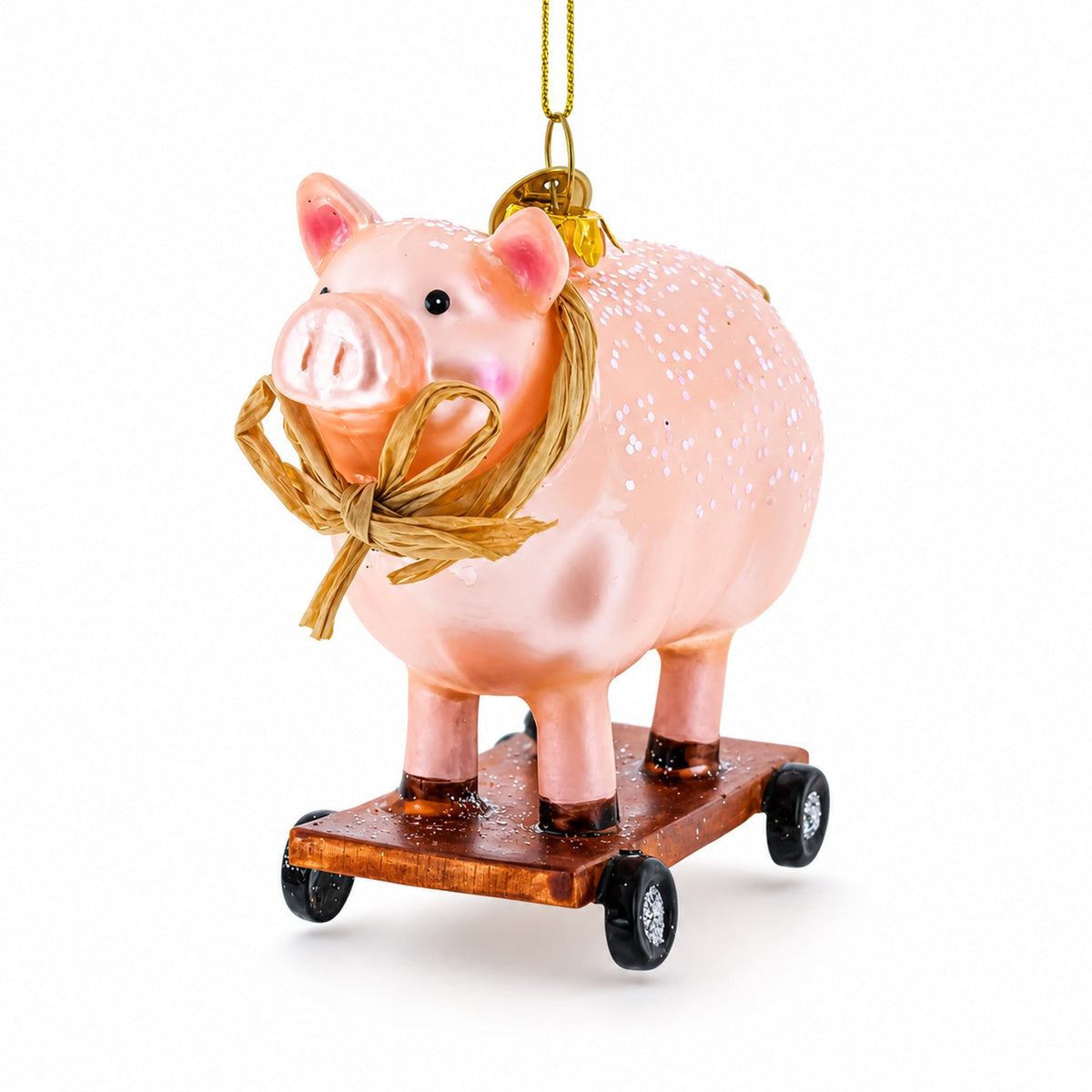 Pig Riding a Skateboard Glass Christmas Ornament