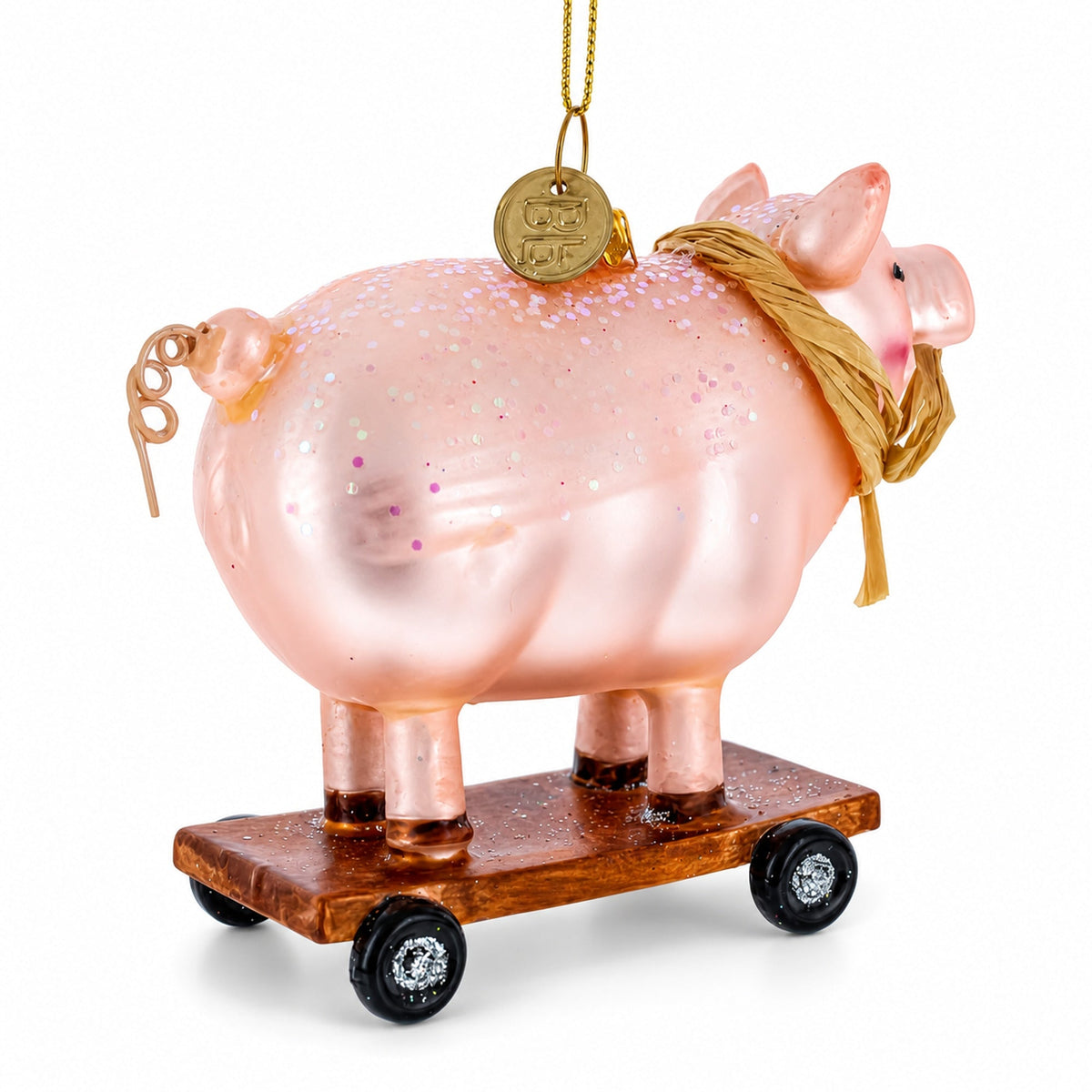 Pig Riding a Skateboard Glass Christmas Ornament