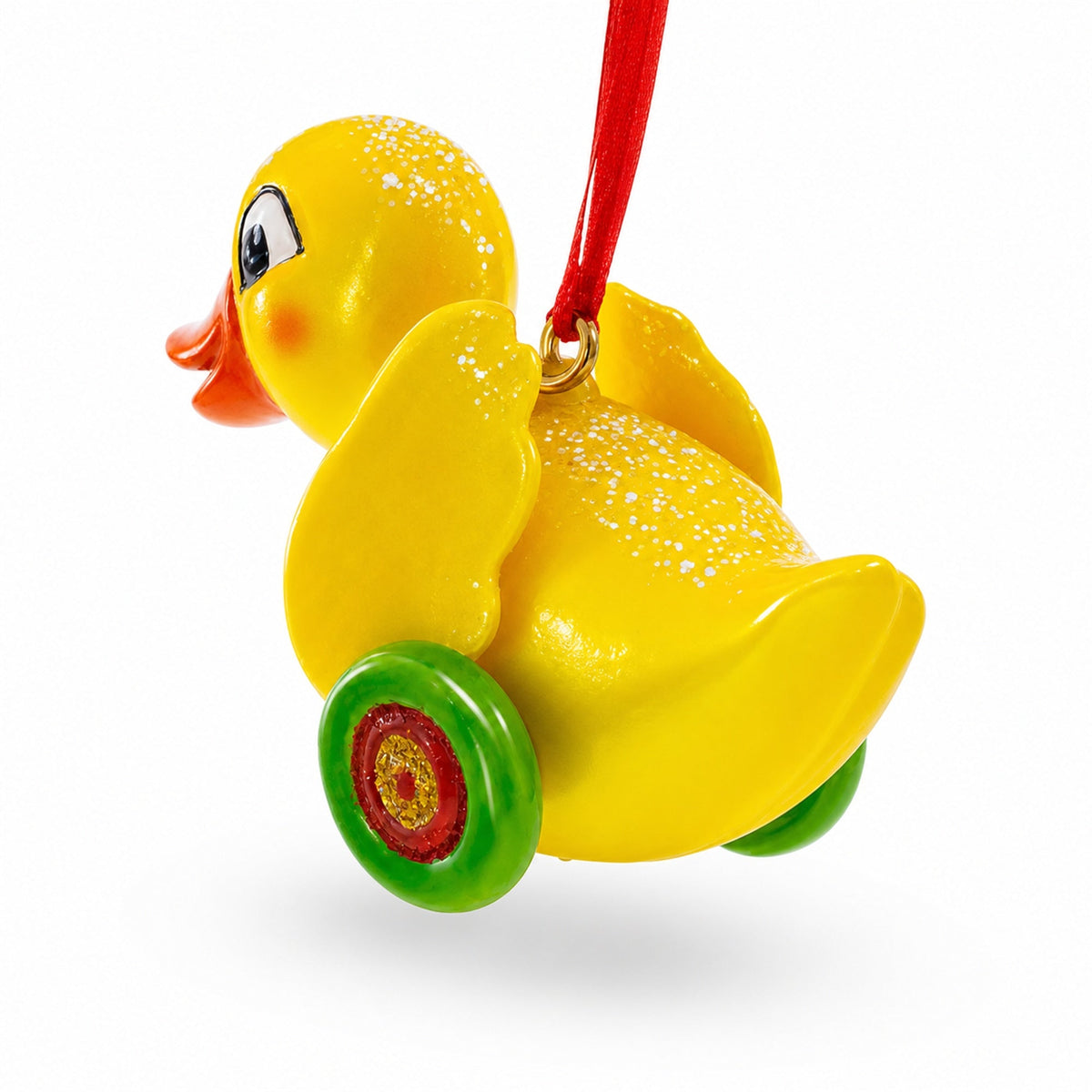 Yellow Duck Rolling on Wheels Glass Christmas Ornament
