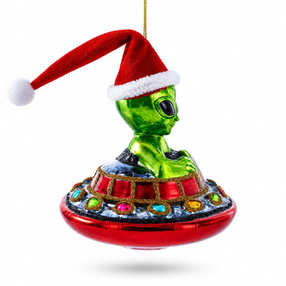 Santa Alien in UFO Glass Christmas Ornament