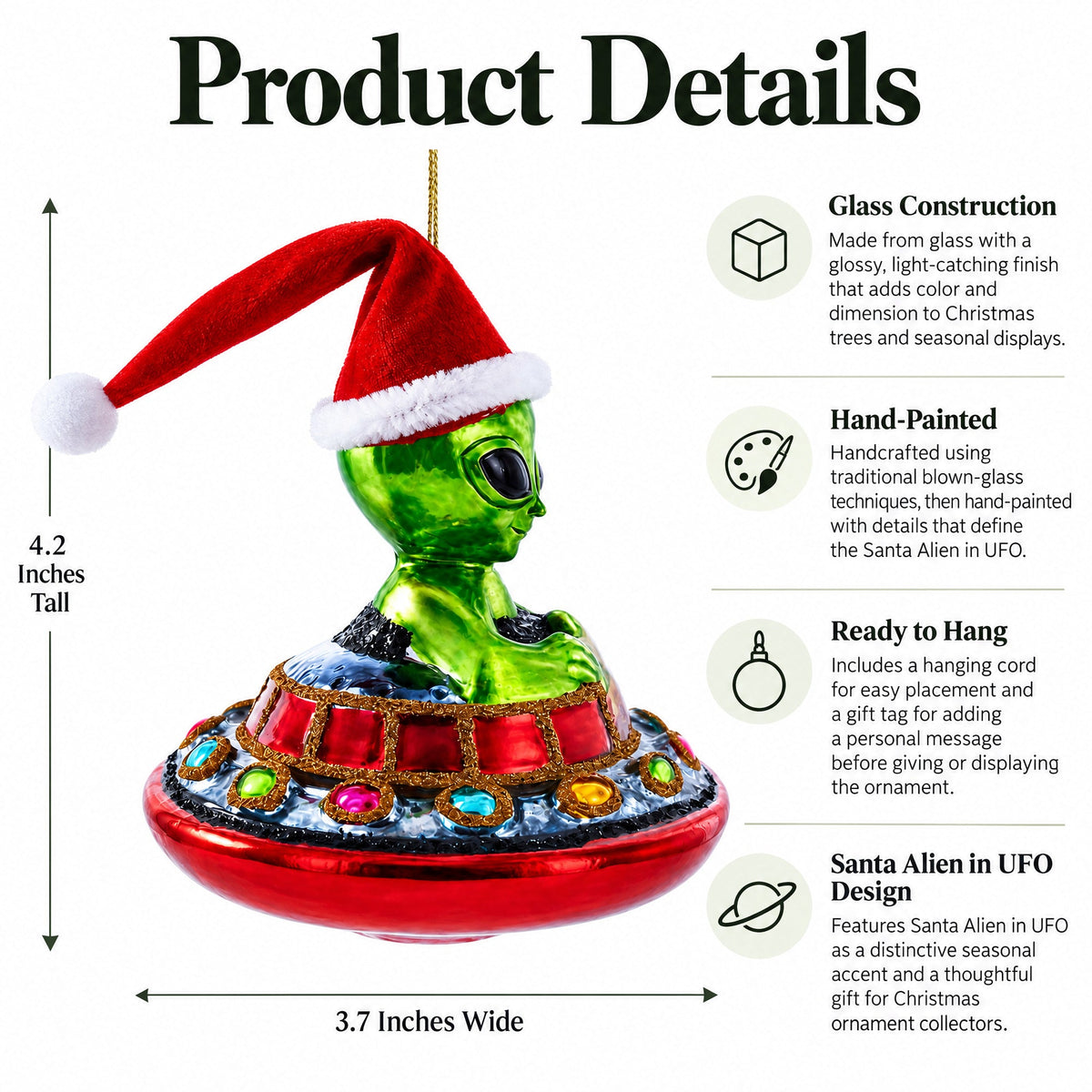 Santa Alien in UFO Glass Christmas Ornament
