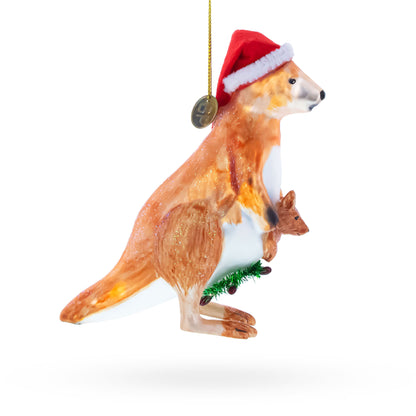 Kangaroo in Santa Hat with Joey Glass Christmas Ornament