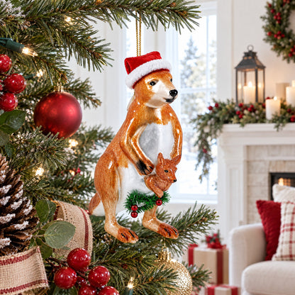 Kangaroo in Santa Hat with Joey Glass Christmas Ornament