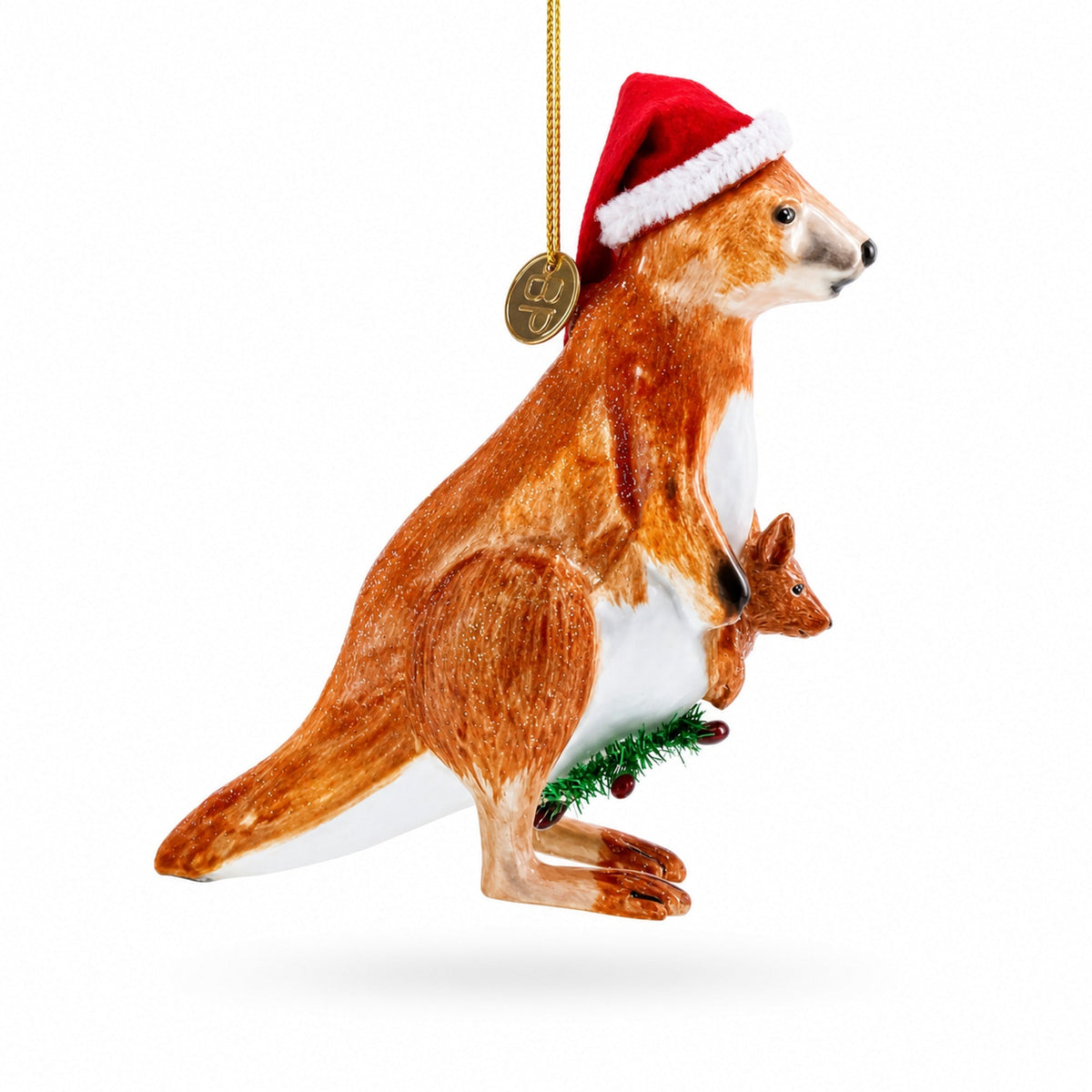 Kangaroo in Santa Hat with Joey Glass Christmas Ornament