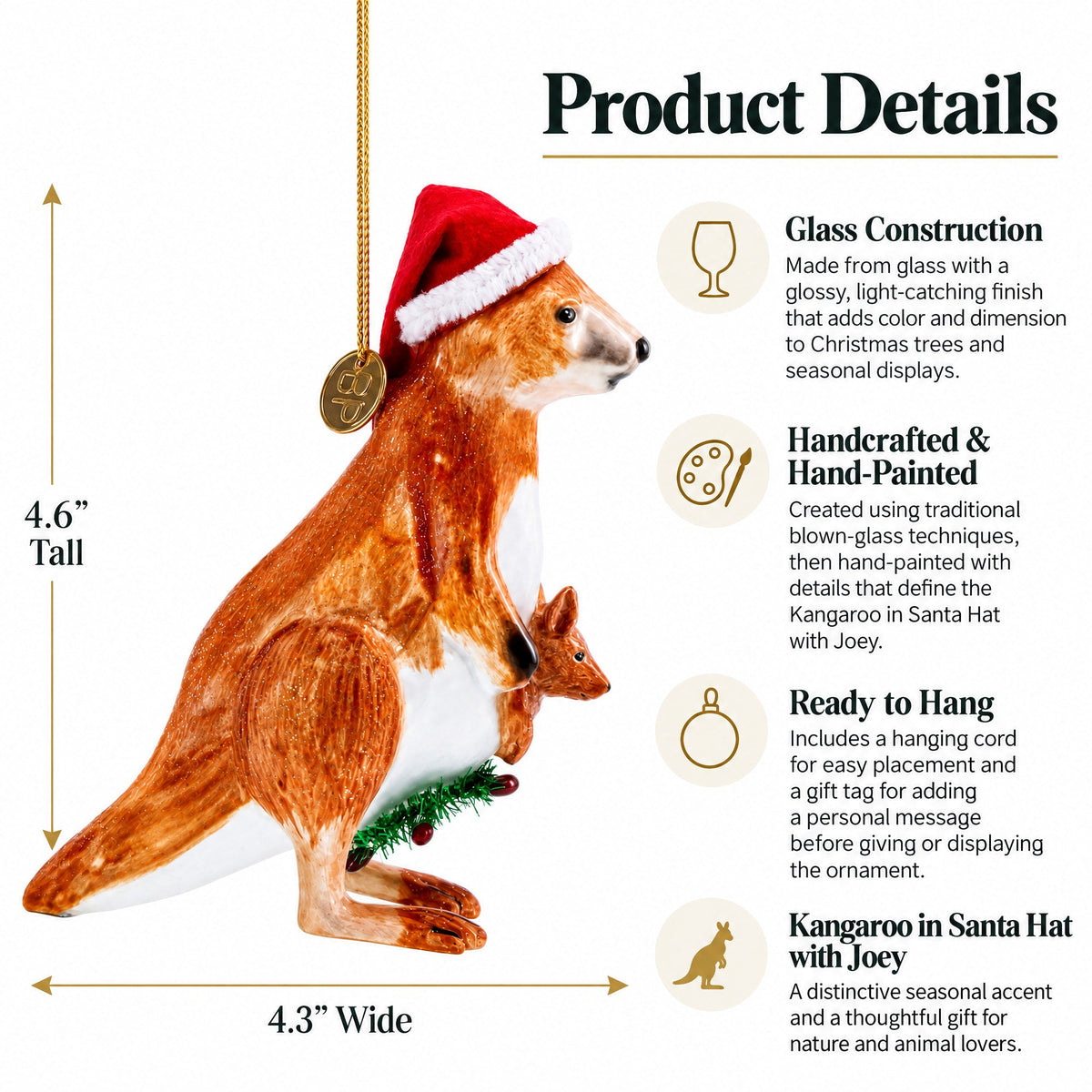 Kangaroo in Santa Hat with Joey Glass Christmas Ornament