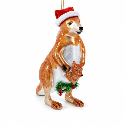 Kangaroo in Santa Hat with Joey Glass Christmas Ornament