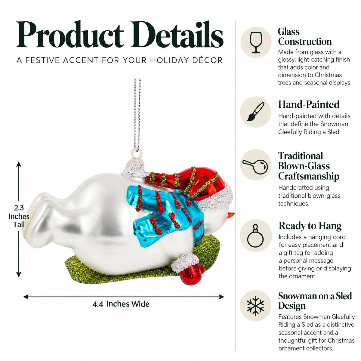 Snowman Gleefully Riding a Sled Glass Christmas Ornament