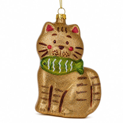 Glittered Gingerbread Cat Holding a Fish Glass Christmas Ornament