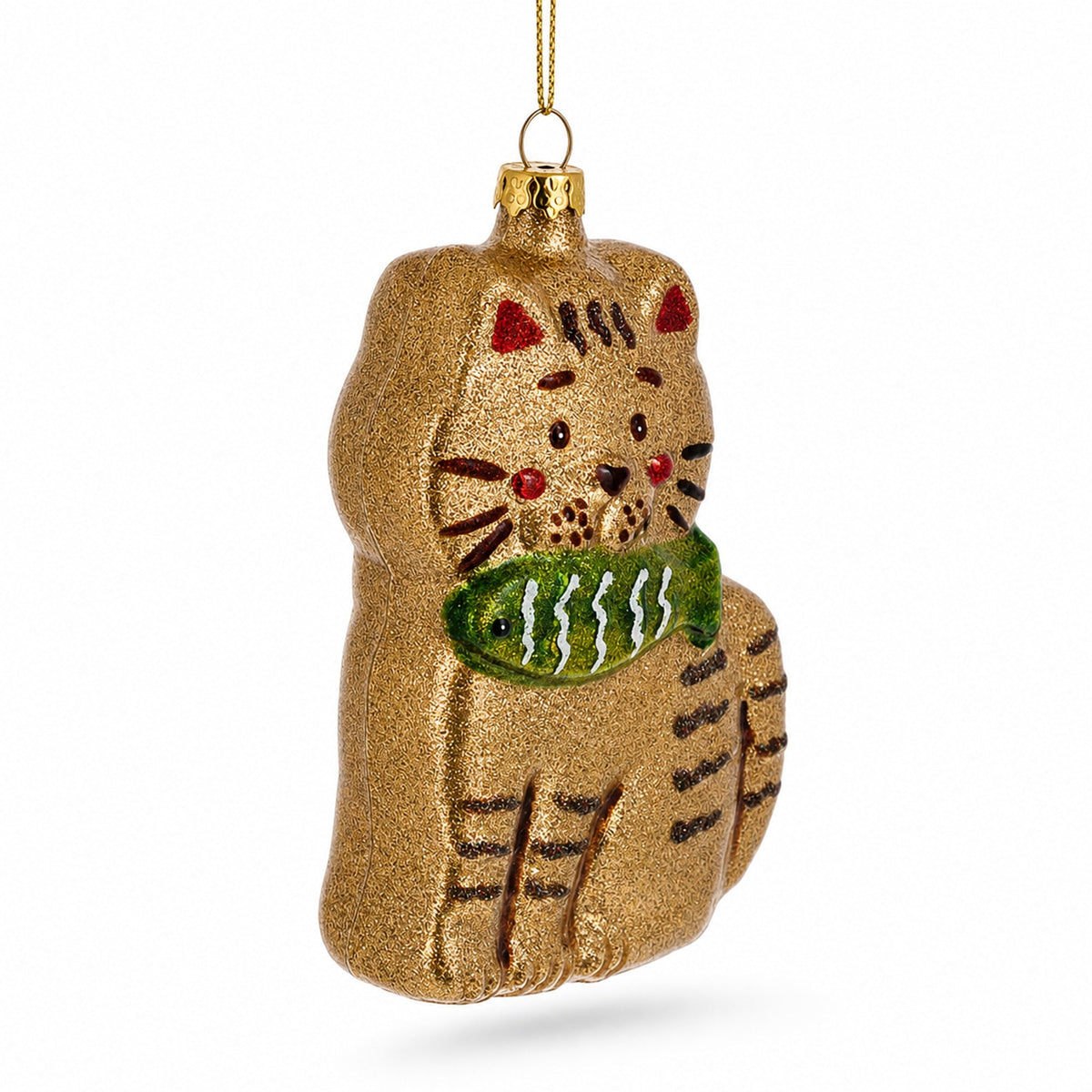 Glittered Gingerbread Cat Holding a Fish Glass Christmas Ornament