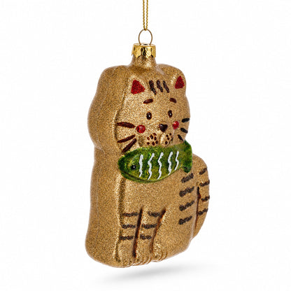 Glittered Gingerbread Cat Holding a Fish Glass Christmas Ornament