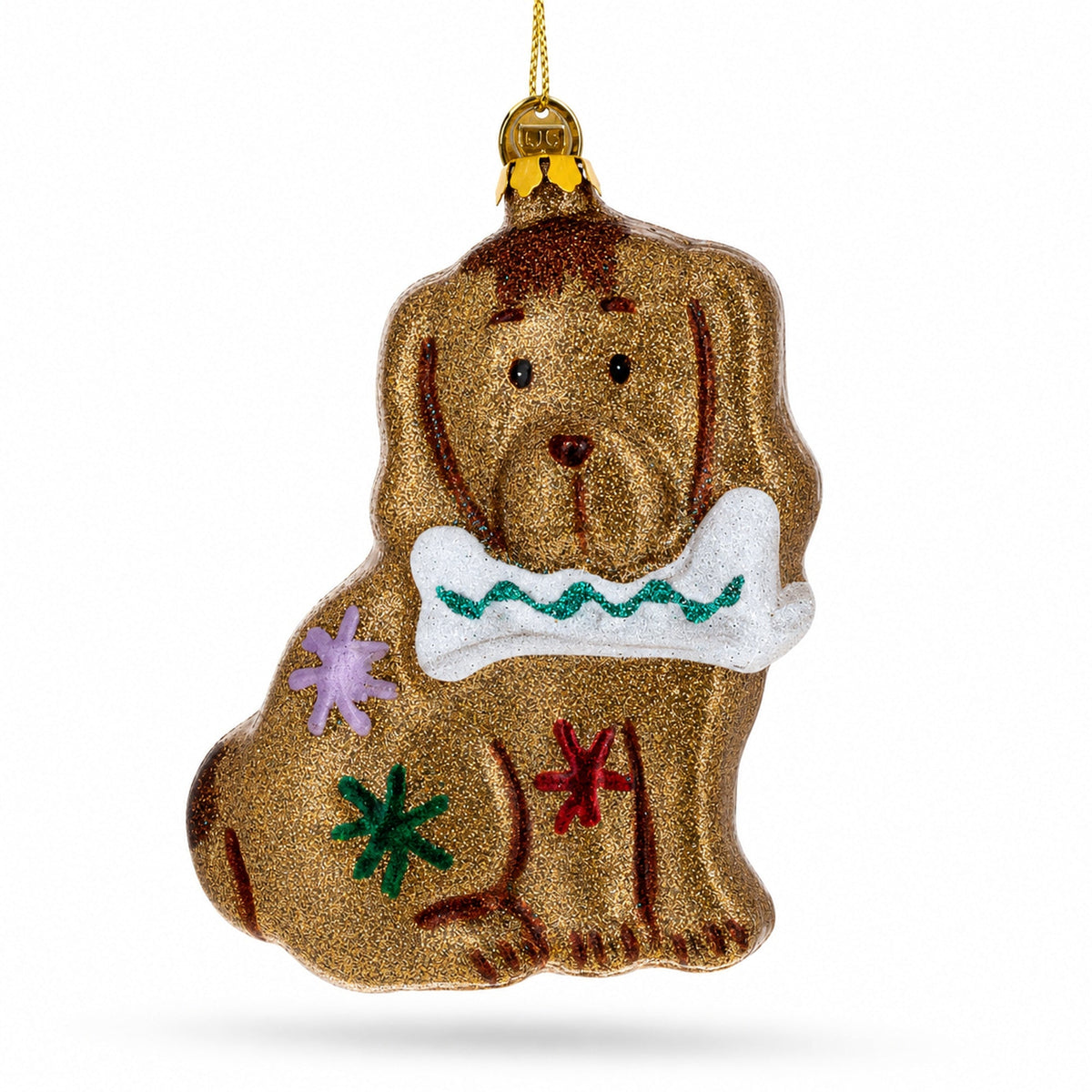 Gingerbread Dog with Bone Glass Christmas Ornament
