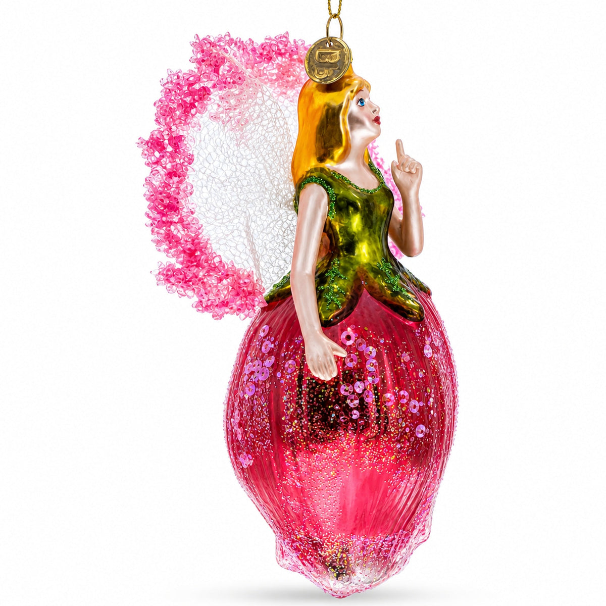 Enchanting Fairy in a Rose Dress Glass Christmas Ornament