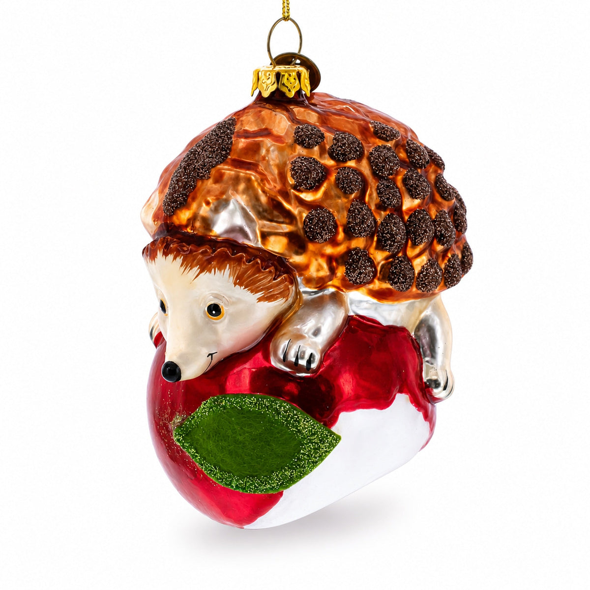 Hedgehog Savoring a Red Apple Glass Christmas Ornament