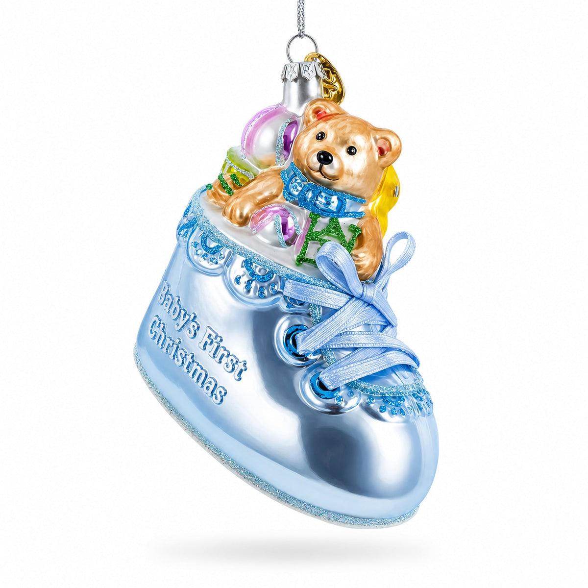 Teddy Bear Nestled in a Blue Shoe for Baby's First Glass Christmas Ornament
