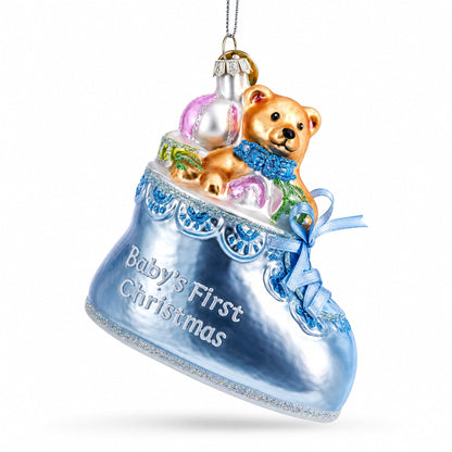 Teddy Bear Nestled in a Blue Shoe for Baby's First Glass Christmas Ornament