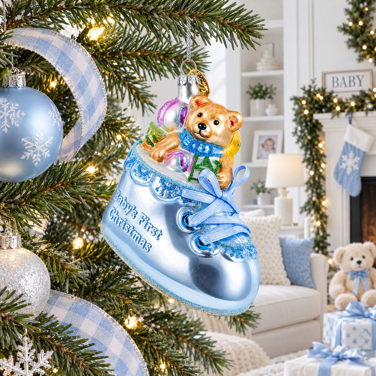 Teddy Bear Nestled in a Blue Shoe for Baby's First Glass Christmas Ornament