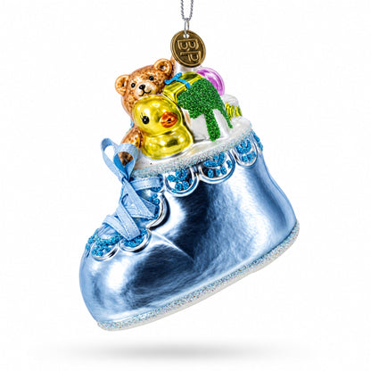 Teddy Bear Nestled in a Blue Shoe for Baby's First Glass Christmas Ornament