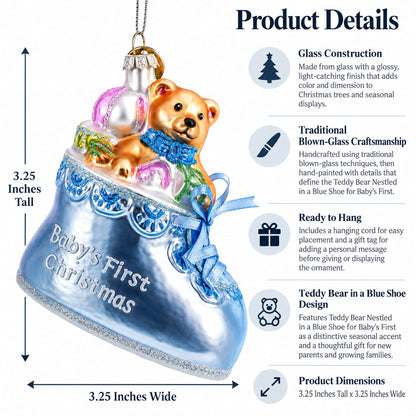 Teddy Bear Nestled in a Blue Shoe for Baby's First Glass Christmas Ornament