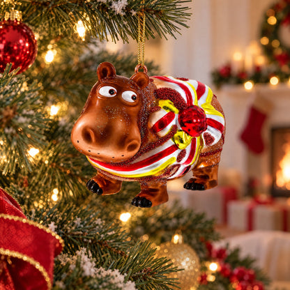 Hippo with Candy Stripe Bow and Ribbon Glass Christmas Ornament