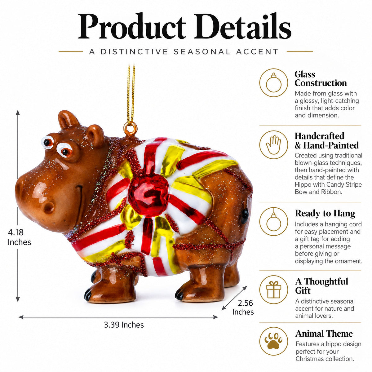 Hippo with Candy Stripe Bow and Ribbon Glass Christmas Ornament