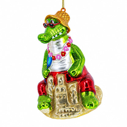 Alligator Relaxing on the Beach Glass Christmas Ornament