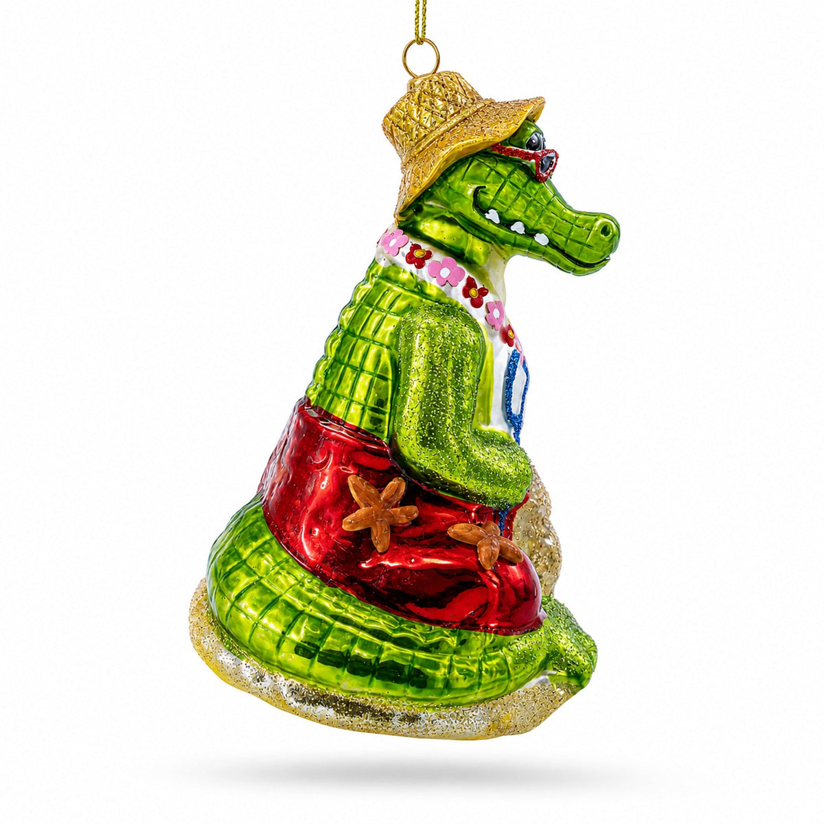 Alligator Relaxing on the Beach Glass Christmas Ornament