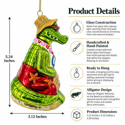 Alligator Relaxing on the Beach Glass Christmas Ornament