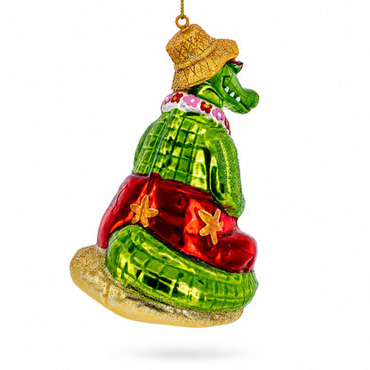 Alligator Relaxing on the Beach Glass Christmas Ornament