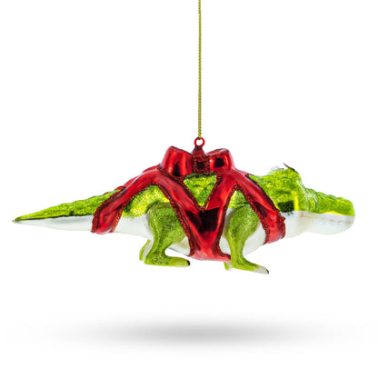 Alligator Adorned with Gift Ribbon Glass Christmas Ornament