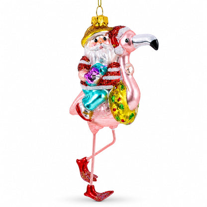 Santa Riding a Pink Flamingo Glass Christmas Ornament