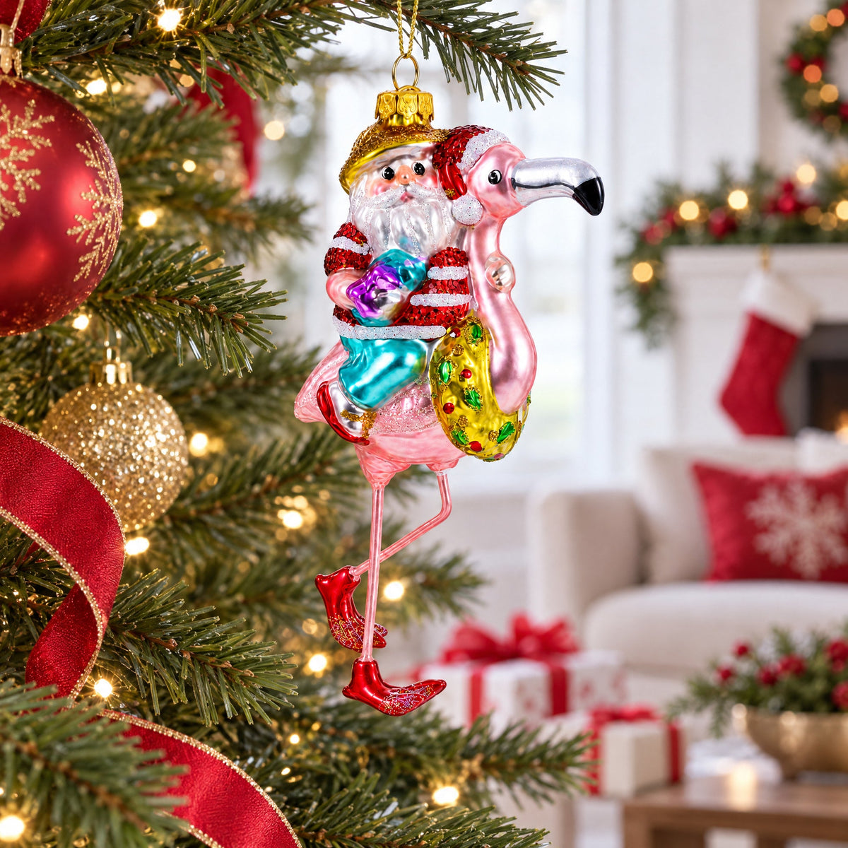 Santa Riding a Pink Flamingo Glass Christmas Ornament