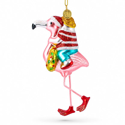 Santa Riding a Pink Flamingo Glass Christmas Ornament