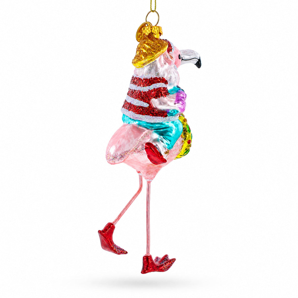 Santa Riding a Pink Flamingo Glass Christmas Ornament
