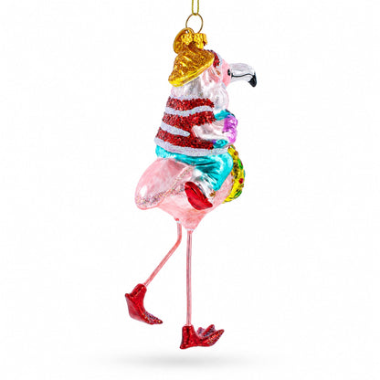 Santa Riding a Pink Flamingo Glass Christmas Ornament