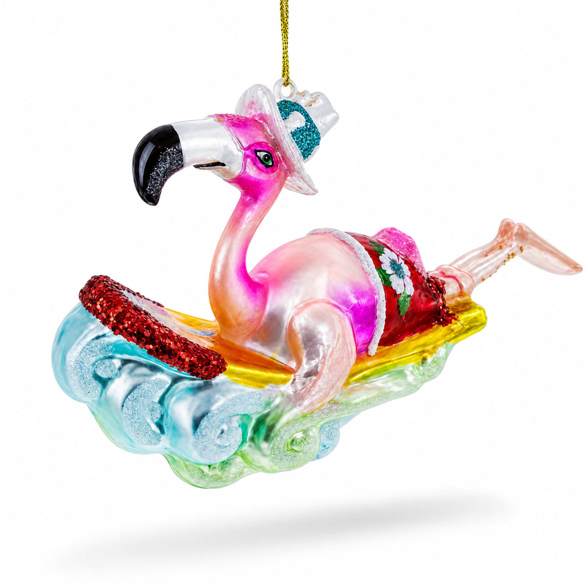 Pink Flamingo Riding a Surf Wave Glass Christmas Ornament